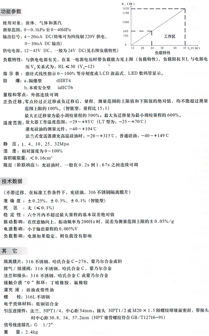 遠傳液位變送器技術(shù)參數(shù)對照表