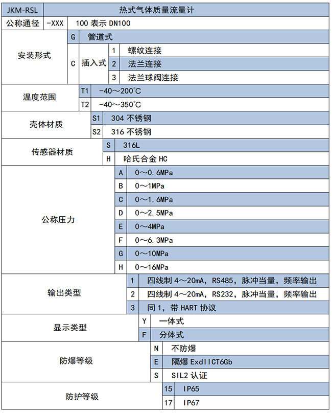 DN80熱式氣體質(zhì)量流量計選項表