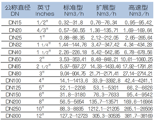 DN20熱式氣體質(zhì)量流量計(jì)流量范圍表